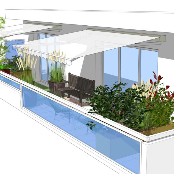 aménagement terrasse de balcon, arbustes, fleurs, arbres, plantes
